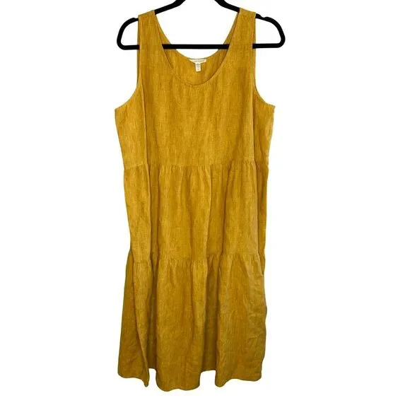 Eileen Fisher Washed Organic Linen Delave Tiered Dress L Marigold Yellow  $248 - www.disolcolor.com